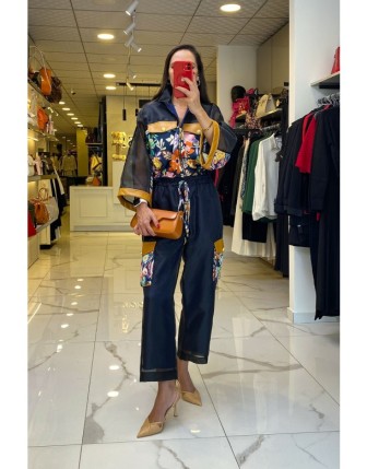 Mionette Siyah Kumaş ve Deri Detaylı Cepli Organize Takım