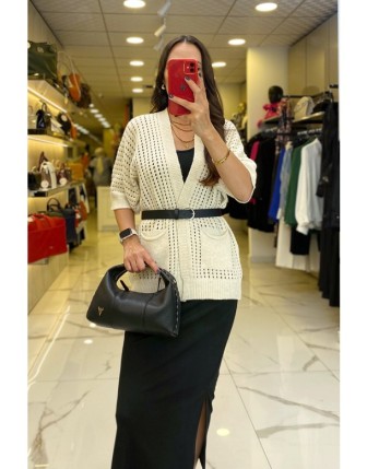 On Fashıon Bej File Desenli Sırtı Yıldız Detaylı Cepli Hırka