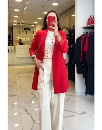 Ekol Kırmızı Gold Düğme Detaylı Cepli Blazer Ceket