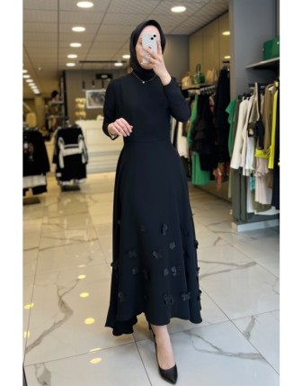 Maq Siyah Etek Uçları Kelebek Figürlü Seyyar Kemerli Elbise