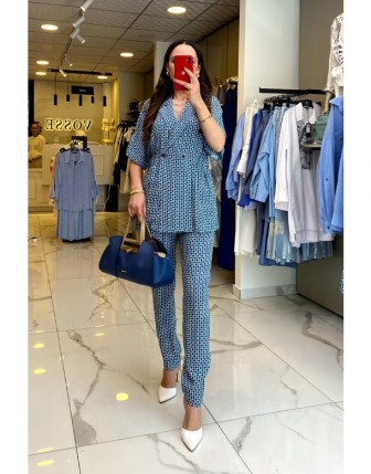 Ekol Mavi Beli Lastikli Desenli düğme Detaylı Kısa Kollu Ceketli Takım