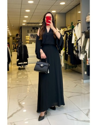 Miarte Siyah Kolları Pencere Detaylı V Yaka Şifon Elbise