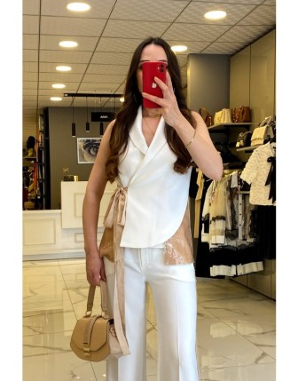 Miarte Ekru Payet Detaylı Kuşaklı Yelek