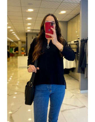 On Fashion Siyah Hakim Yaka Önü Fermuarlı Kazak