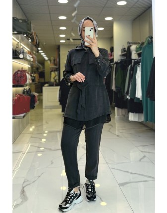 Tığ Triko Siyah Beli Büzgülü File Detaylı Cepli Cupra Takım