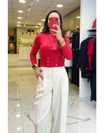 On Fashıon Kırmızı Balıkçı Yaka Düğme Detaylı Uzun Kollu Bluz