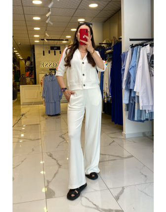 On Fashıon Ekru Düğmeli Cep Detaylı Omuzları Renkli Takım