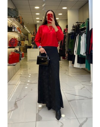 Ekol Siyah Jakarlı Tam Boy Saten Etek