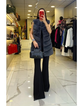 Trenç Antrasit Fermuarlı Kürklü Yelek