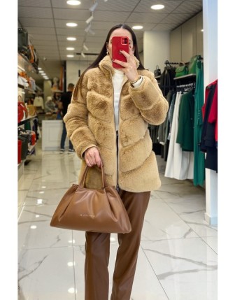 Trenç Camel Fermuarlı Peluş Kaban