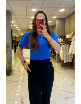 On Fashion Mavi Dik Yaka Yarım Kollu Triko Kazak