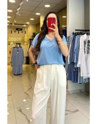 On Fashıon Açık Mavi  V Yaka Tişört