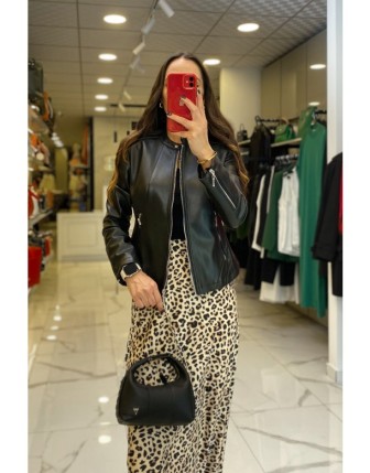 Ekol Siyah Fermuarlı Cepli Deri Mont