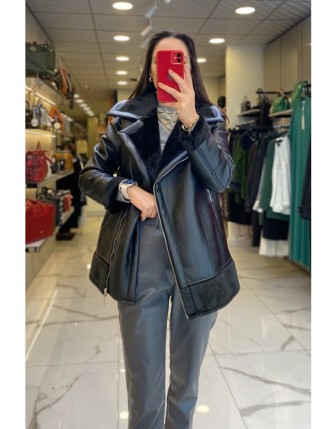 Ekol Siyah Deri Kürk Detaylı Fermuarlı Cep Detaylı Mont