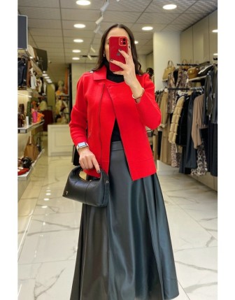 On Fashıon Kırmızı Yandan Fermuarlı Omuz Apoletli Yakalı Hırka