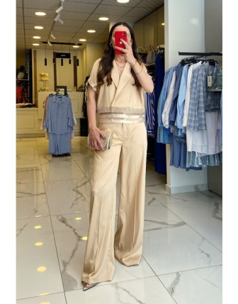 Miarte Bej Koları Ve Etek Ucu Organize Tüllü Taş Detaylı Saten Takım