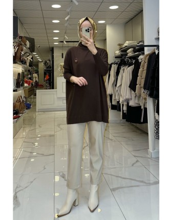 Tığ Triko Kahverengi Balıkçı Yaka Tunik