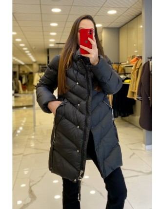 Ekol Siyah Kapüşonlu Fermuar Ve Cep Detaylı Şişme Mont