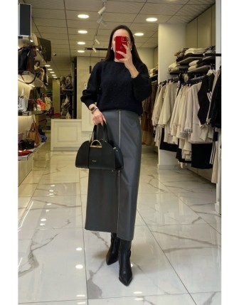 Yusuf Özdemir Gri Fermuarlı Deri Etek