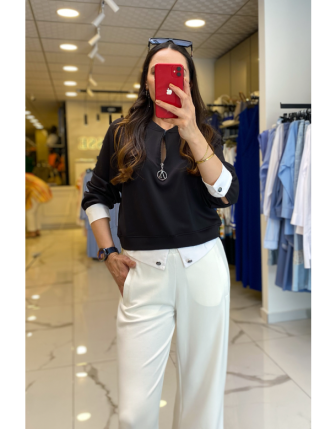 On Fashıon Siyah Fermuarlı Gömlek Detaylı Sweat