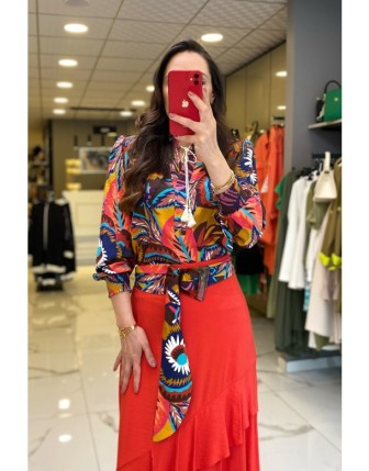 Hukka Oranj Desenli Kol Ucu Manşetli Bluz
