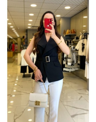 Ekol Siyah   Cep Detaylı Düğmeli Kemrli Yelek