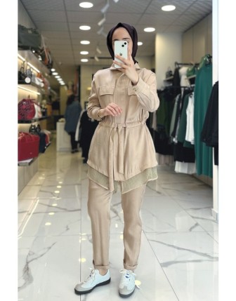 Tığ Triko Bej Beli Büzgülü File Detaylı Cepli Cupra Takım