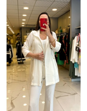 Ekol Ekru Kapüşonlu Fermuarlı Cep Detaylı Ceket