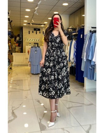 Ekol Siyah Çiçek Desenli Beli Büzgülü Kısa Kollu Elbise