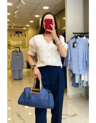 Ekol Ekru V Yaka Fırfır Detaylı Kısa Kollu Bluz