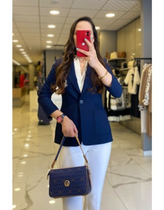 Ekol Lacivert Tek Düğme Detaylı Cepli Blazer Ceket