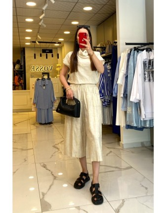 On Fashıon Bej Degaje Yaka düğmeli Capri Pantolonlu Takım