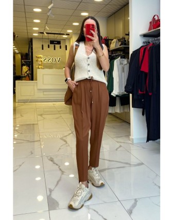 On Fashıon Kahverengi Beli Lastikli Pile Detaylı Dar Paça Pantolon