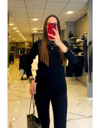 On Fashion Siyah Balıkçı Yaka Kolu Gold Düğmeli Triko Kazak