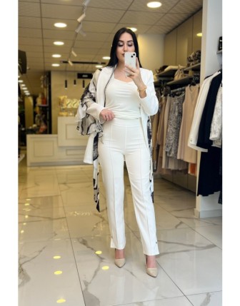 Mascara Beyaz Yanı Fermuarlı Dar Paça Pantolon