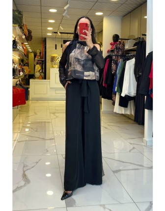 Miarte Siyah Tül Geçişli Bol Paça Pantolon