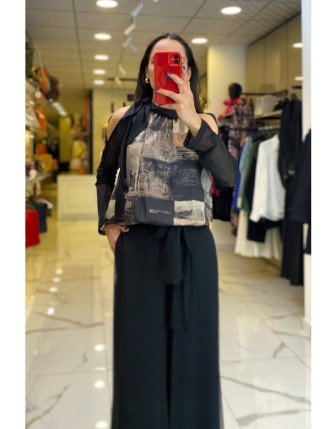 Miarte Haki Desenli Omuz Detaylı Kolları Tül Bluz