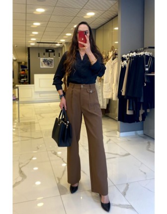 On Fashion Kahverengi Düğme Ve Cep Detaylı Palazzo Pantolon