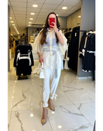 Mianotte Ekru Kuşaklı Paçası Kurdela Detaylı Pantolon