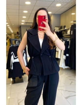 On Fashıon Siyah Beli Büzgülü Tek Düğme Detaylı Yelek