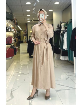 Tığ Triko Bej Düğmeli Seyyar Kuşaklı Fermuar Detaylı Cepli Elbise