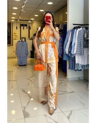 Miarte Oranj Kuşaklı Desenli Saten Takım