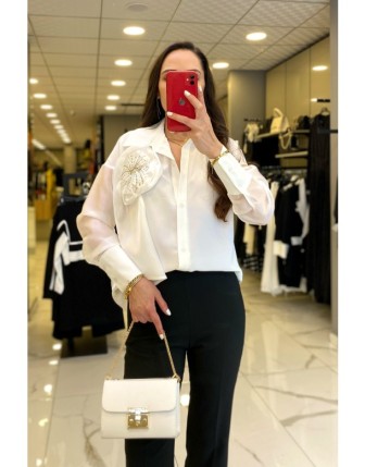 Mairte Ekru Yakası Gül Detaylı Kolları Transparan Gömlek