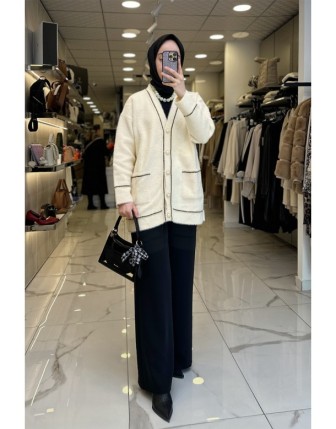 Vosse Ekru Uzun Düğmeli Angora Hırka