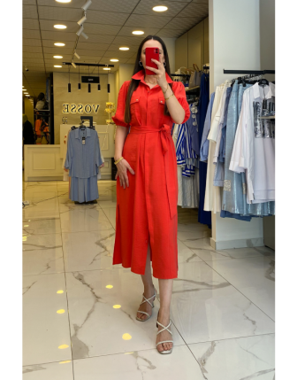 Ekol Kırmızı Cep Detaylı Kuşaklı Yırtmaçlı Düğmeli Elbise