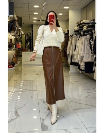 Yusuf Özdemir Taba Fermuarlı Deri Etek