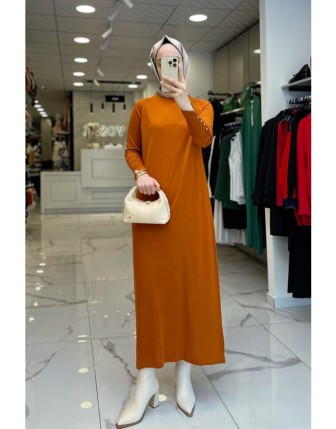 Tığ Triko Oranj Dik Yaka Kolları Düğme Detaylı Triko Elbise