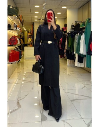 On Fashıon Siyah Ribanalı Cep Detaylı Kemerli Tam Boy Hırka