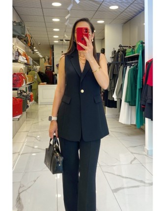 Ekol Siyah Gold Düğme Detaylı Cep Aksesuarlı Yelek