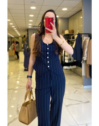 Ekol Lacivert Çizgili Gümüş Düğme Detaylı Yelek